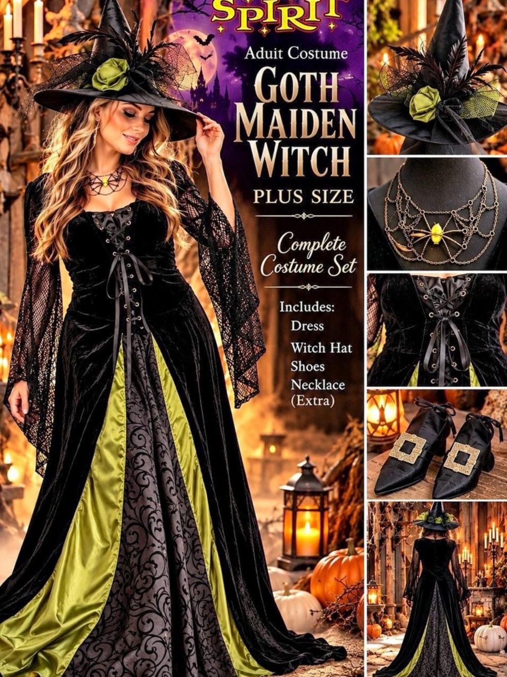 Spirit Halloween Goth Maiden Witch Adult Costume Plus Size Adult Costume Black L